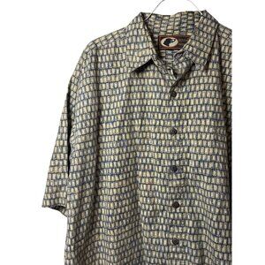 Boston Traders Mens Large Short Sleeve Button Shirt Tan Navy Geometric Print Top